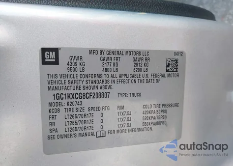 2012 Chevrolet Silverado 2500Hd Lt z USA, uszkodzony, nr VIN 1GC1KXCG8CF208807